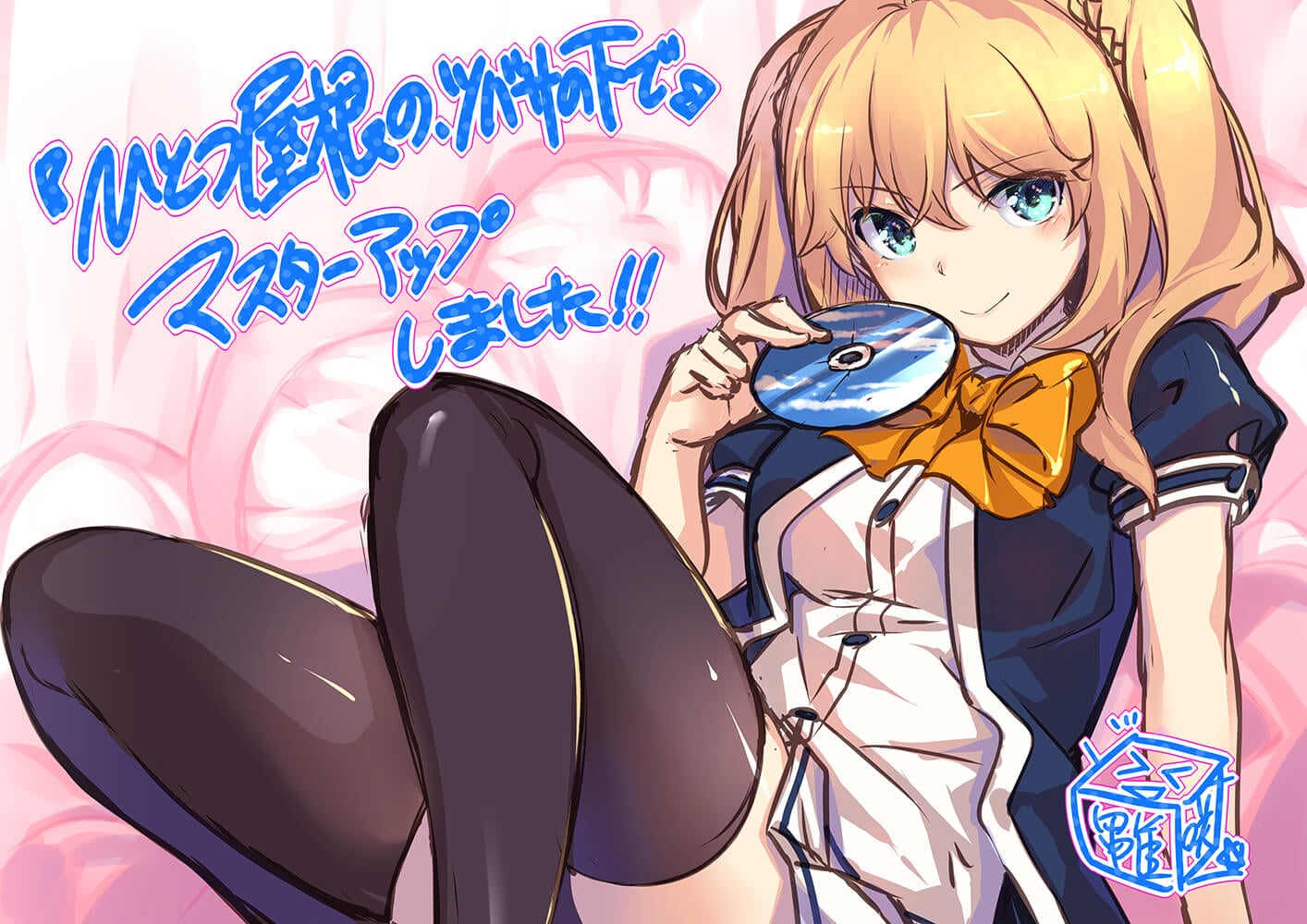 1girl, black_legwear, blonde_hair, blue_eyes, bow, bowtie, cd, convenient_leg, eyebrows_visible_through_hair, hinasaki_you, hitotsu_ane_no_tsubasa_no_shita_de, holding_cd, holding_object, looking_at_viewer, official_art, sasaki_kazusa, school_uniform, signature, smile, solo, thigh-highs, translation_request, two_side_up, yellow_neckwear