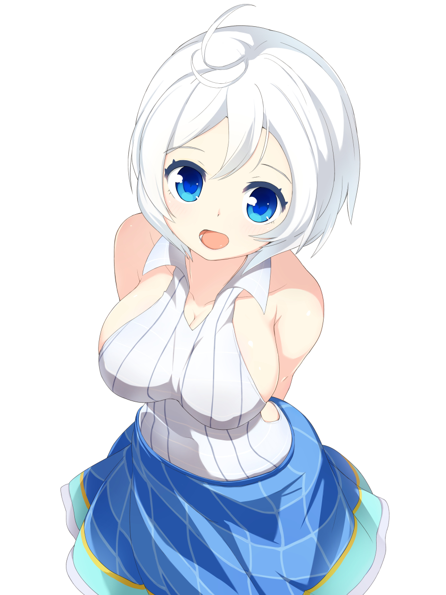 1girl, akiiro, antenna_hair, bare_shoulders, blue_eyes, blue_skirt, blush, breasts, cleavage, collarbone, dennou_shoujo_youtuber_shiro, eyebrows_visible_through_hair, highres, large_breasts, looking_at_viewer, open_mouth, shiro_(dennou_shoujo_youtuber_shiro), short_hair, sideboob, skirt, smile, solo, white_hair