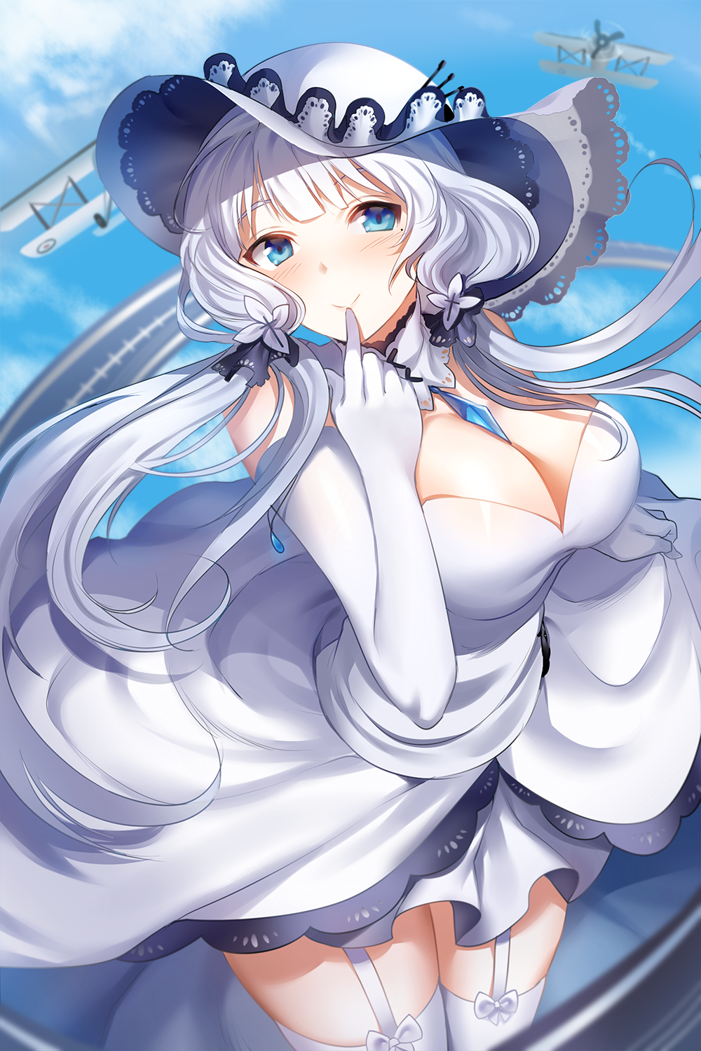 1girl, aircraft, airplane, azur_lane, bangs, bare_shoulders, blue_eyes, blue_sky