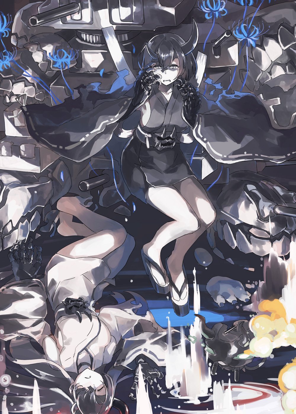 2girls, asymmetrical_horns, belt, black_hair, black_kimono, blue_flowers, breasts, cannon