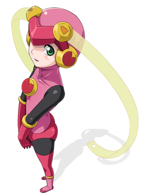(^_^)_(pixiv198858), blush, bodysuit, flat_chest, foreshortening, green_eyes, latex, mega_man_(series), muhi11234, pov, rockman, rockman_exe, roll, roll_exe, thighhighs