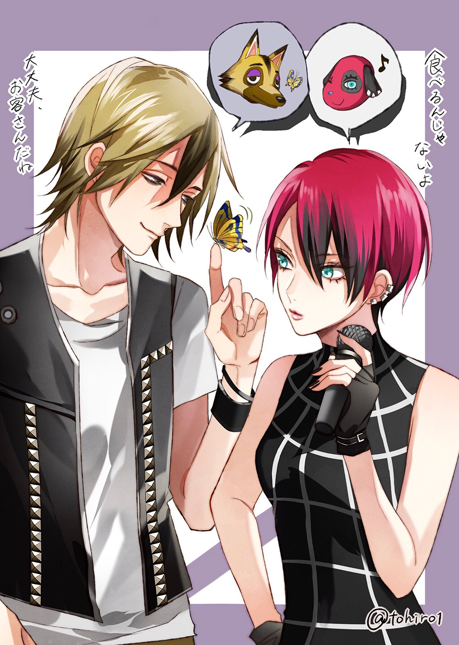 1boy, 1girl, bare_shoulders, black_hair, blonde_hair, blue_eyes, bracelet, brown_eyes, brown_hair, butterfly, doubutsu_no_mori, earrings, fingerless_gloves, gloves, hanna_(doubutsu_no_mori), highres, jewelry, microphone, multicolored_hair, nail_polish, one_eye_closed, personification, piercing, redhead, ricardo_(doubutsu_no_mori), shijima_tohiro, short_hair, two-tone_hair, upper_body