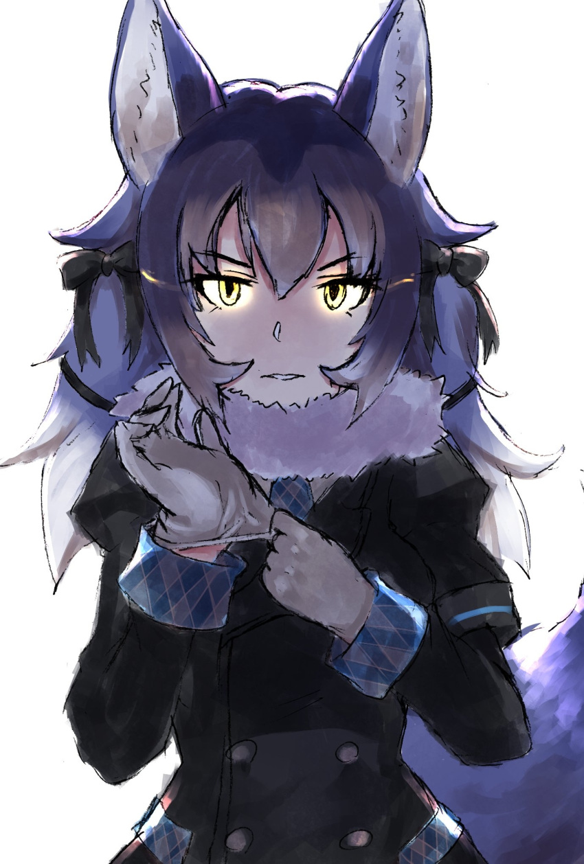 1girl, animal_ears, aranagi_(arng_4401), bow, dire_wolf_(kemono_friends), eyebrows_visible_through_hair, fur_collar, gloves