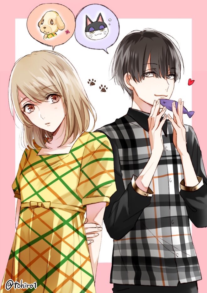 1boy, 1girl, artist_name, binta_(doubutsu_no_mori), black_hair, blonde_hair, bow, brown_eyes, caramel_(doubutsu_no_mori), doubutsu_no_mori, fish, flower, grey_eyes, heart, personification, shijima_tohiro, upper_body