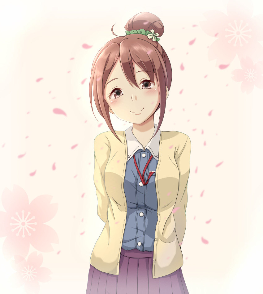 1girl, absurdres, ahoge, arms_behind_back, blue_shirt, blush, brown_eyes, brown_hair, cardigan, cherry_blossoms, closed_mouth, eyebrows_visible_through_hair, hair_between_eyes, hair_bun, head_tilt, highres, looking_at_viewer, minakami_tansan, open_cardigan, open_clothes, petals, pink_background, pleated_skirt, purple_skirt, sakura_quest, shinomiya_shiori, shirt, skirt, smile, solo