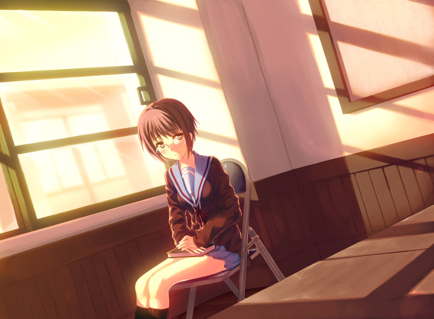 brown_eyes, brown_hair, cardigan, glasses, nagato_yuki, school_uniform, seifuku, shiva_(executor)
