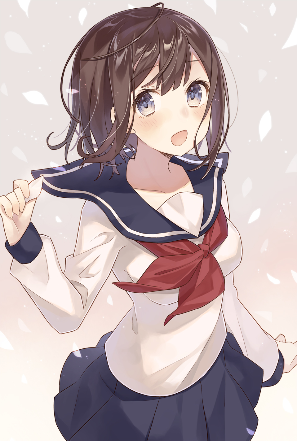 1girl, :d, ahoge, arm_at_side, bangs, blue_eyes, blue_sailor_collar, blue_skirt
