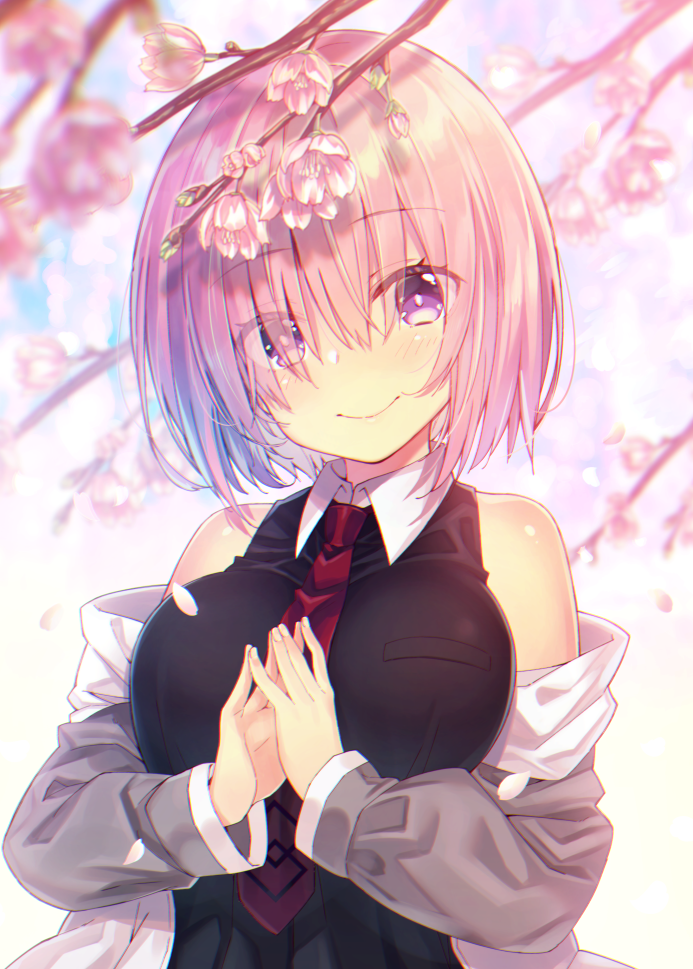 1girl, bangs, bare_shoulders, black_dress, blush, breasts, bright_pupils, cherry_blossoms