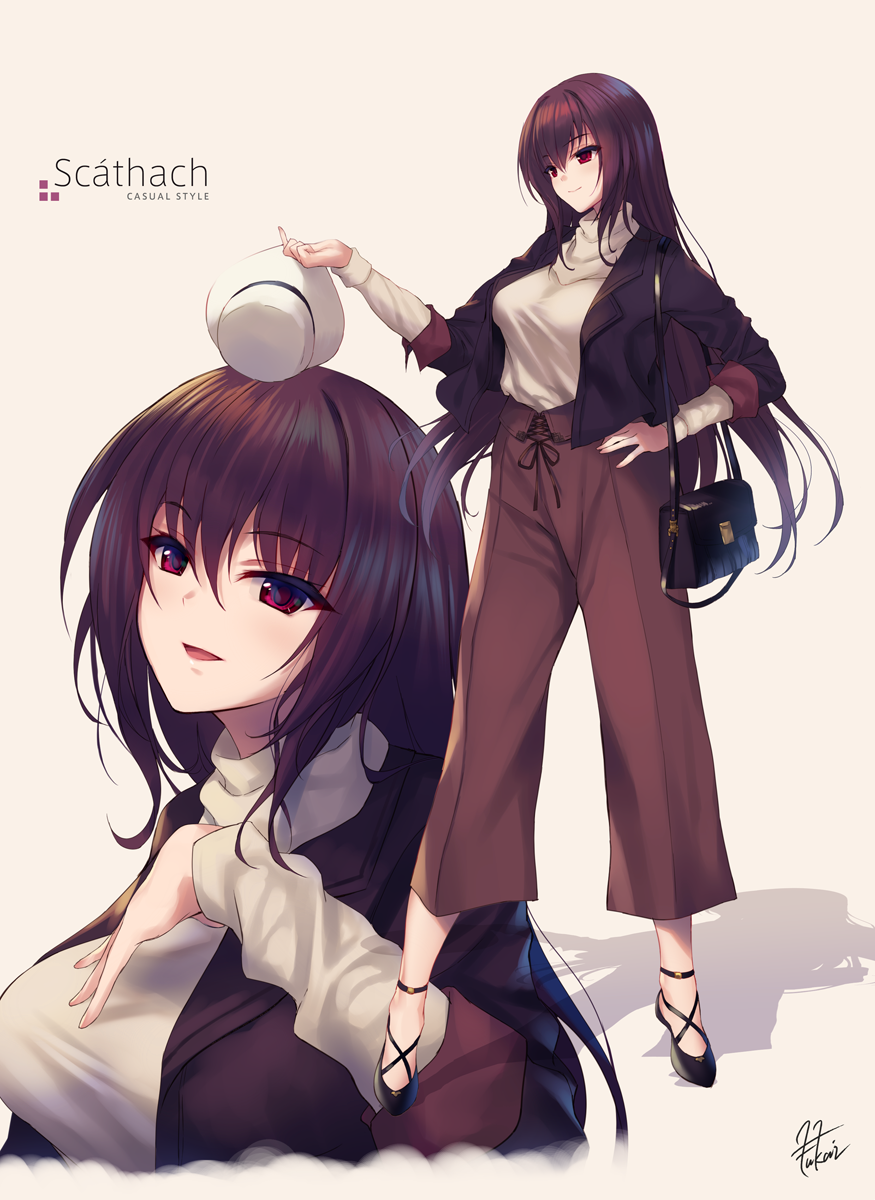 1girl, alternate_costume, bag, bangs, black_jacket, breasts, brown_pants, casual, character_name, eyebrows_visible_through_hair, fate/grand_order, fate_(series), fukai_ryousuke, full_body, hand_on_own_chest, handbag, hat, high_heels, highres, holding, holding_hat, jacket, large_breasts, long_hair, multiple_views, open_clothes, open_jacket, pants, purple_hair, red_eyes, scathach_(fate/grand_order), shadow, signature, simple_background, sleeves_rolled_up, smile, solo, sweater, turtleneck, turtleneck_sweater, white_sweater