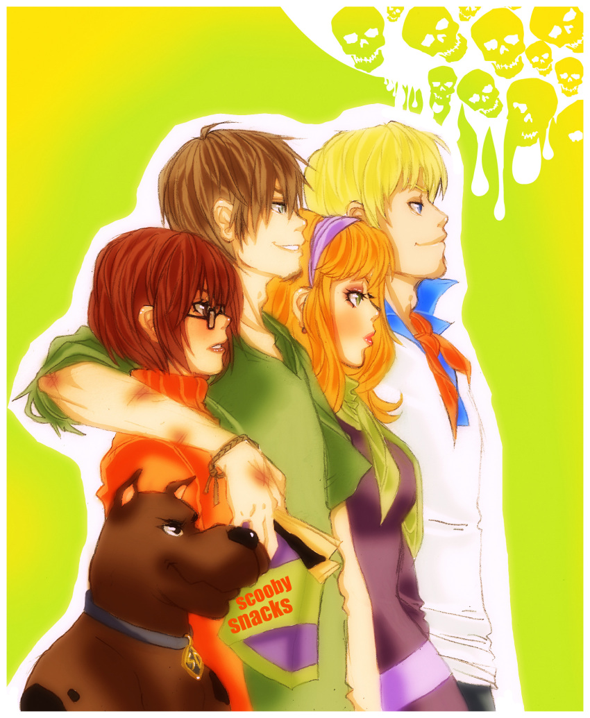 2boys, 2girls, arm_over_shoulder, bangs, blonde_hair, blue_eyes, brown_eyes, brown_hair, closed_mouth, daphne_ann_blake, dog, dog_tags, dress, english, everyone, eyelashes, facial_hair, food, fred_jones, fuckyoufolks, glasses, green_eyes, green_shirt, hair_over_eyes, hairband, highres, lipgloss, lips, lipstick, long_hair, looking_away, makeup, multiple_boys, multiple_girls, parted_lips, purple_dress, scarf, scooby-doo, scooby-doo_(character), shaggy_rogers, shirt, skull, sweater, turtleneck, turtleneck_sweater, velma_dace_dinkley, wristband, yellow_background