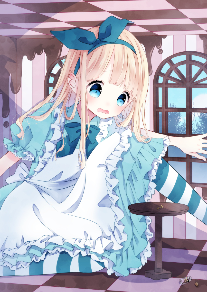 1girl, alice_(wonderland), alice_in_wonderland, apron, bangs, blonde_hair, blue_bow, blue_dress