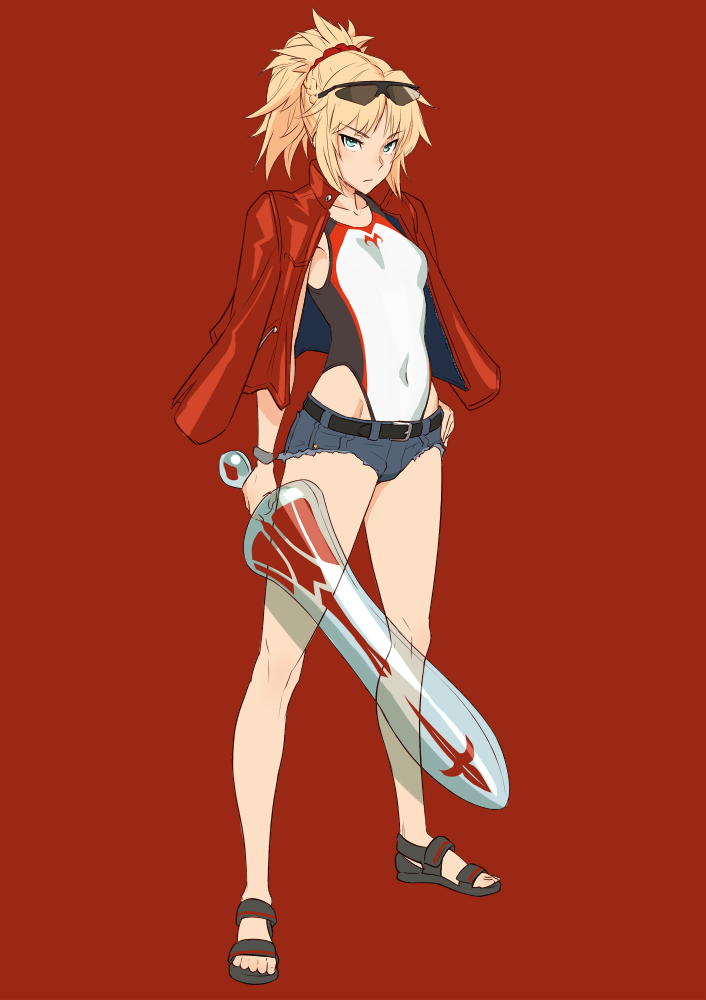 1girl, bare_legs, belt, black-framed_eyewear, black_footwear, blonde_hair, blue_shorts, braid, closed_mouth, competition_swimsuit, covered_navel, denim, denim_shorts, eyebrows_visible_through_hair, eyewear_on_head, fate/apocrypha, fate_(series), flip-flops, green_eyes, hair_ornament, hair_scrunchie, hand_on_hip, holding, holding_sword, holding_weapon, inflatable_sword, inflatable_toy, jacket, jacket_on_shoulders, long_sleeves, looking_at_viewer, mikoyan, mordred_(fate), mordred_(fate)_(all), one-piece_swimsuit, open_clothes, open_jacket, over-rim_eyewear, ponytail, red_background, red_jacket, red_scrunchie, sandals, scrunchie, semi-rimless_eyewear, short_hair, short_shorts, shorts, sidelocks, simple_background, skin_tight, solo, sunglasses, swimsuit, swimsuit_under_clothes, sword, transparent, v-shaped_eyebrows, weapon, white_swimsuit, wristband