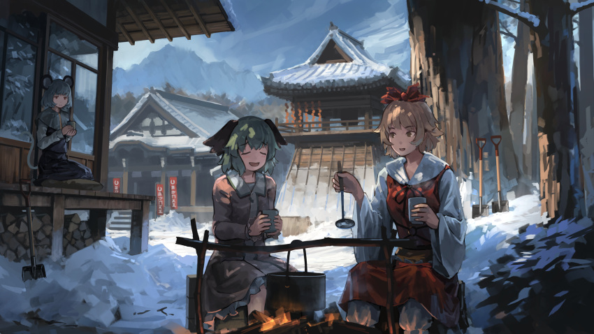 3girls, animal_ears, black_dress, blonde_hair, blue_sky, brown_dress, building, capelet, closed_eyes, clouds, cloudy_sky, commentary_request, cup, dress, eyebrows_visible_through_hair, fire, firewood, forest, green_hair, grey_hair, hair_ornament, highres, holding, holding_cup, kasodani_kyouko, ladle, long_sleeves, looking_at_another, mikado_(winters), mountain, mouse_ears, mouse_tail, multiple_girls, myouren_temple, nature, nazrin, open_mouth, outdoors, petticoat, pot, red_dress, red_eyes, seiza, short_hair, shovel, sitting, sky, smile, snow, tail, toramaru_shou, touhou, tree, wide_sleeves, worktool, yellow_eyes