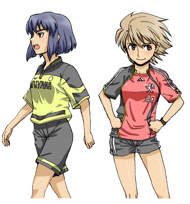 2girls, adidas, blue_eyes, blue_hair, borussia_dortmund, brown_eyes, brown_hair, commentary_request
