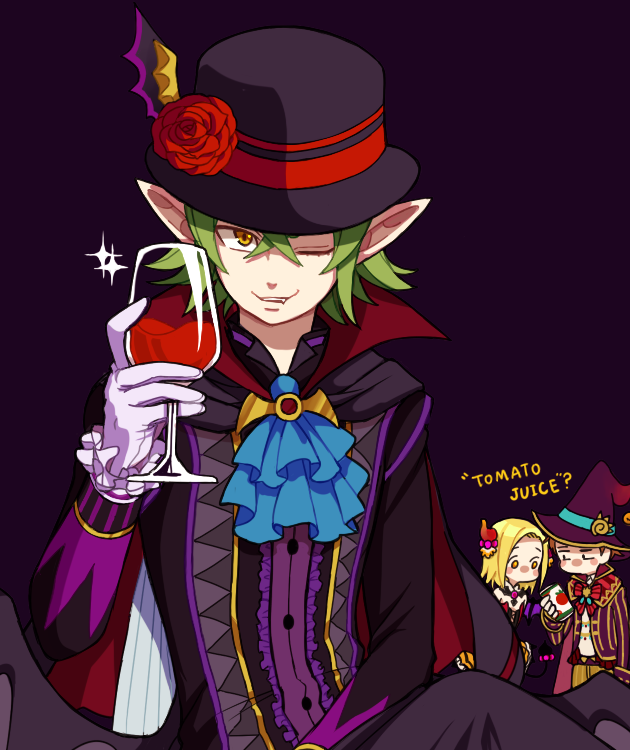 1girl, 2boys, bat_wings, blonde_hair, cape, cupping_glass, elaine, fairy, fang, flower, gloves, green_hair, halloween_costume, hat, helbram, king_(nanatsu_no_taizai), kusakari, long_sleeves, looking_at_viewer, multiple_boys, nanatsu_no_taizai, one_eye_closed, pointy_ears, purple_background, red_flower, red_rose, rose, sitting, tomato_juice, vampire, white_gloves, wings, witch_hat, yellow_eyes
