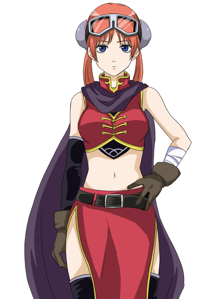 1girl, blue_eyes, breasts, bun_cover, chinese_clothes, double_bun, dress, gintama, goggles, goggles_on_head, kagura_(gintama), long_hair, midriff, navel, pelvic_curtain, redhead, sacchan_(hn0816), solo