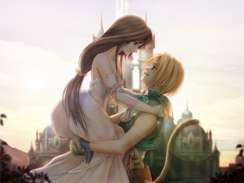 1boy, 1girl, black_hair, blue_eyes, breasts, brown_eyes, cleavage, commentary_request