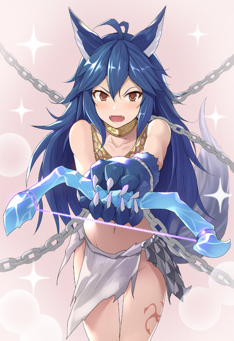1girl, animal_ears, antenna_hair, bare_shoulders, blue_gloves, blue_hair, blush, bow_(weapon), brown_eyes, chains, claws, collar, cowboy_shot, fangs, faulds, fenrir_(shingeki_no_bahamut), gloves, granblue_fantasy, groin, hinami_(hinatamizu), holding, holding_bow_(weapon), holding_weapon, loincloth_lift, long_hair, looking_at_viewer, navel, paw_gloves, paws, pink_background, revealing_clothes, shiny, shiny_hair, simple_background, solo, sparkle, standing, sweatdrop, tattoo, thigh_gap, two-handed, v-shaped_eyebrows, very_long_hair, weapon