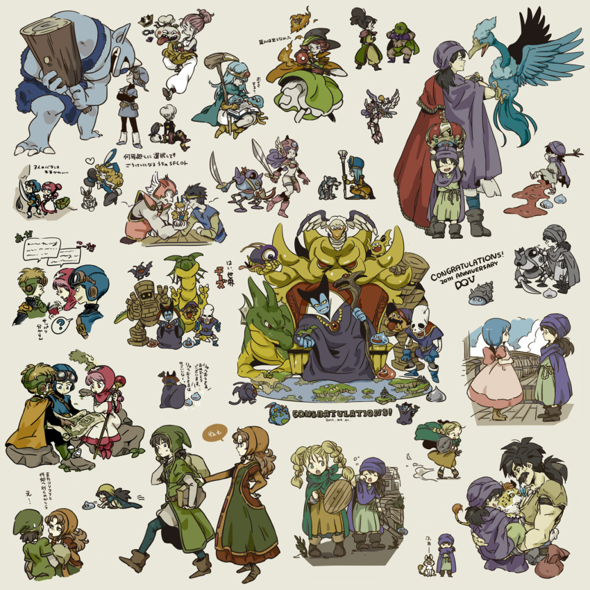 bianca, breasts, closed_mouth, commentary_request, dragon_lord, dragon_quest, dragon_quest_ii, dragon_quest_iii, dragon_quest_v, dragon_quest_vii, dress, everyone, fighter_(dq3), flora, gabo, hargon, hero_(dq5), hero_(dq7), highres, jester_(dq3), long_hair, long_sleeves, mage_(dq3), maribel_(dq7), medium_breasts, medium_hair, merchant_(dq3), multiple_boys, multiple_girls, pettyraps, prince_of_lorasia, prince_of_samantoria, princess_of_moonbrook, short_hair, slime_(dragon_quest), smile, soldier_(dq3), thief_(dq3), white_dress