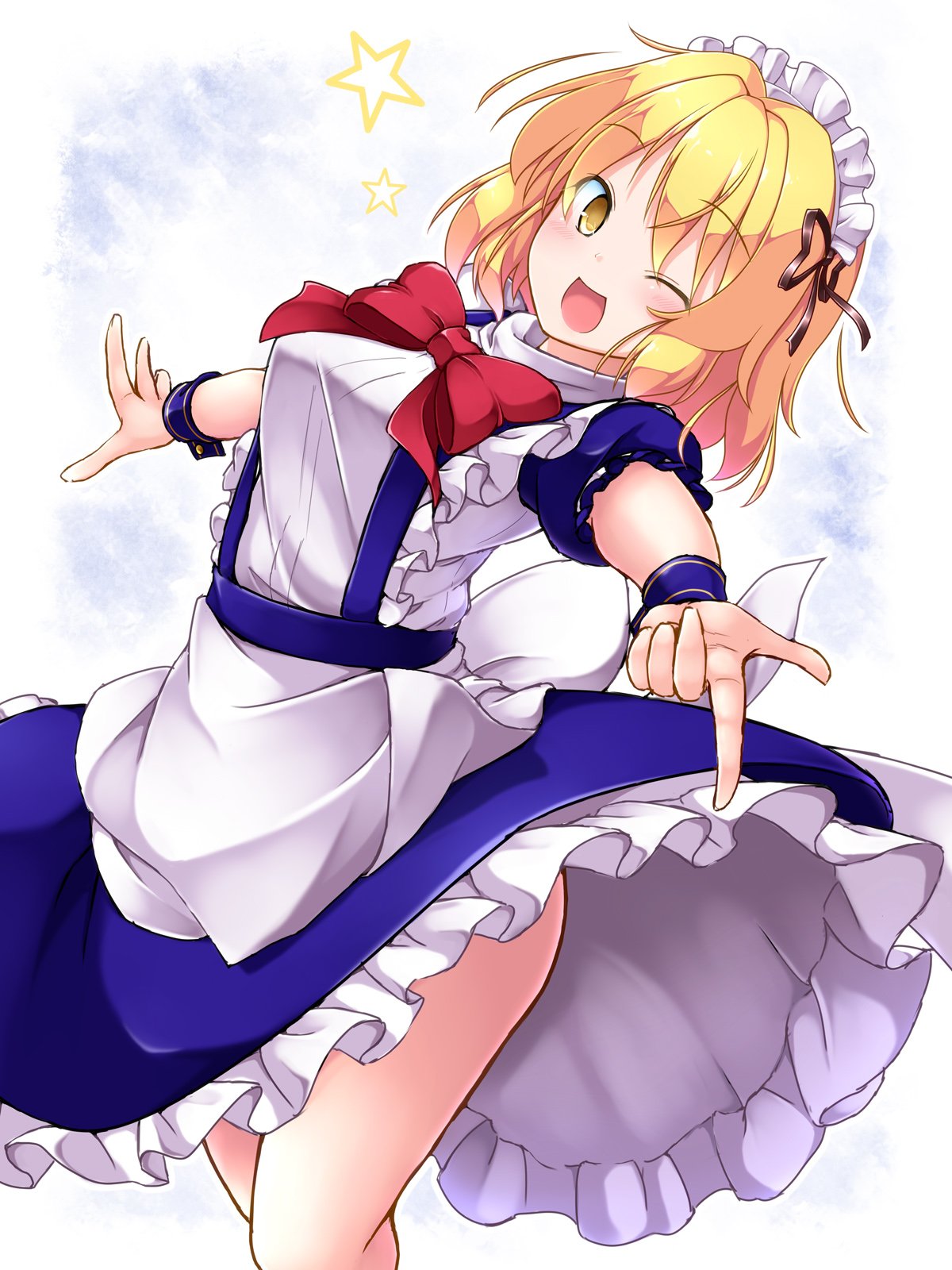 1girl, aka_tawashi, apron, blonde_hair, blue_dress, blush, bow, breasts, brown_ribbon, commentary_request, dress, eyebrows_visible_through_hair, feet_out_of_frame, frilled_apron, frills, hair_ribbon, highres, looking_at_viewer, maid_headdress, medium_breasts, mugetsu, neck_bow, one_eye_closed, open_mouth, petticoat, pointing, pointing_at_viewer, puffy_short_sleeves, puffy_sleeves, red_bow, red_neckwear, ribbon, short_hair, short_sleeves, smile, solo, star, suspenders, touhou, touhou_(pc-98), white_apron, white_background, wrist_cuffs, yellow_eyes