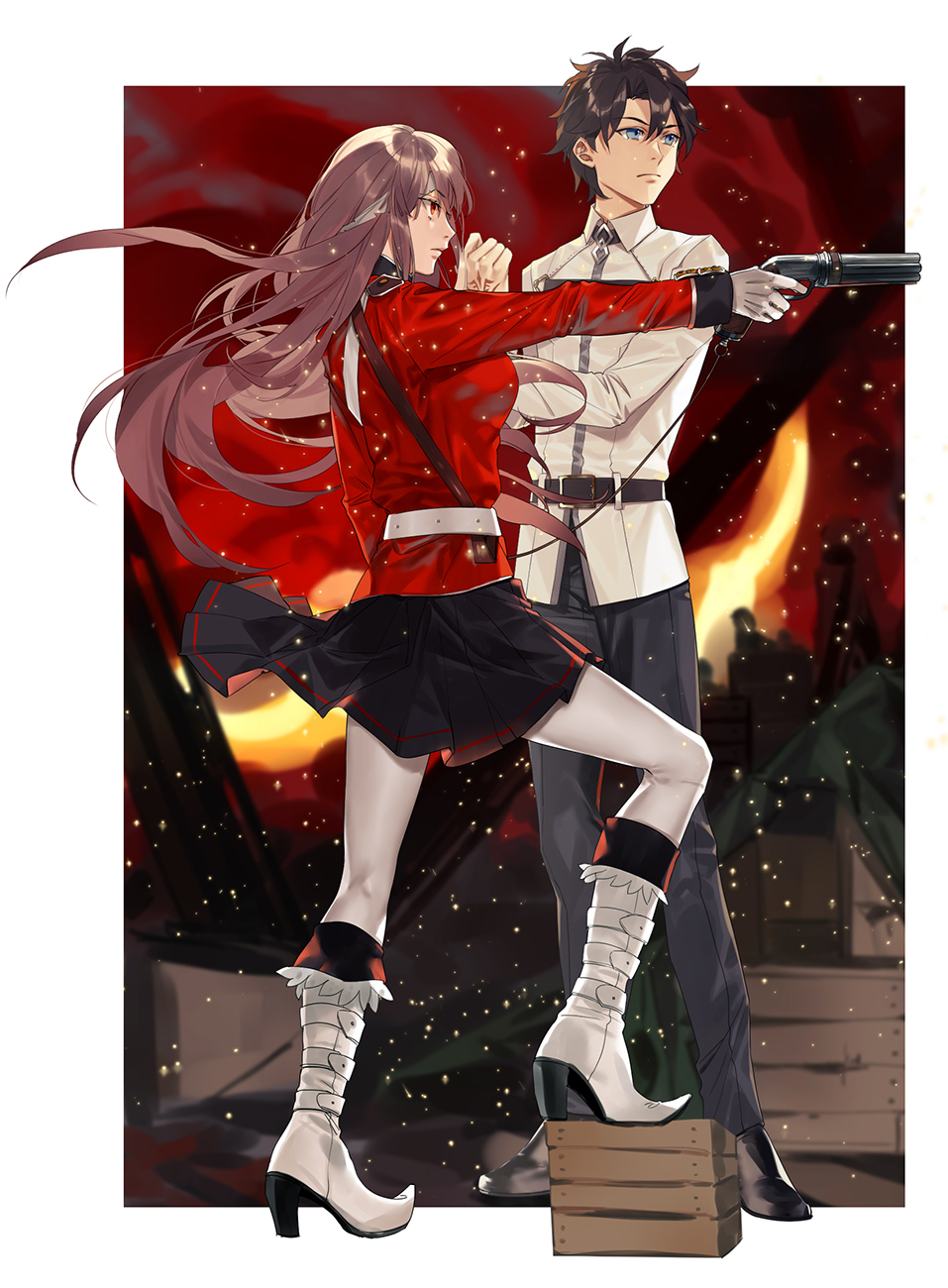 1boy, 1girl, aiming, arm_at_side, bandage, belt, black_hair, black_pants