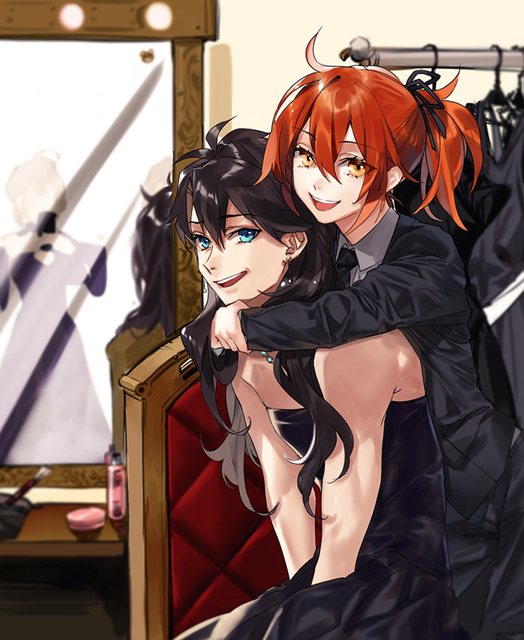 1boy, 2girls, :d, ahoge, alternate_costume, alternate_hair_length, alternate_hairstyle, bangs