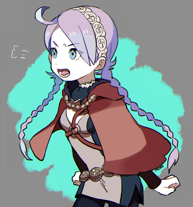 ahoge, alternate_hair_color, blue_eyes, braid, cloak, eponine_(fire_emblem_if), fire_emblem, fire_emblem_if, mari_mokomo, purple_hair, twin_braids