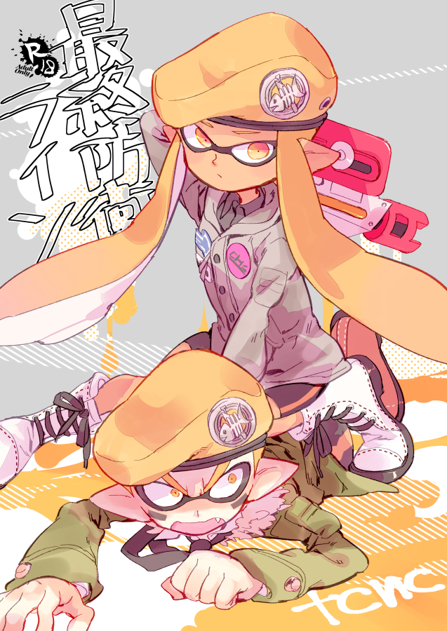 1boy, 1girl, arm_behind_head, army-kun_(splatoon), bangs, beret, bike_shorts, black_neckwear