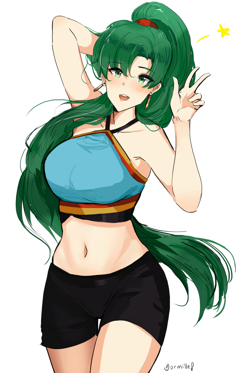 1girl, :d, absurdres, adapted_costume, arm_behind_head, arm_up, artist_name, bare_arms