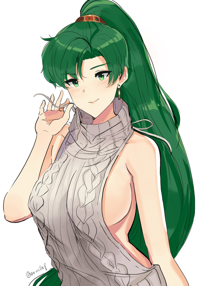 1girl, absurdres, aran_sweater, backless_outfit, bare_back, blush, breasts, dotentity