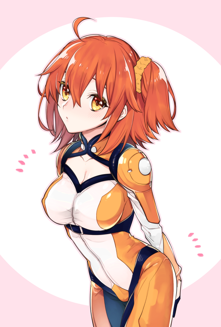 /\/\/\, 1girl, :<, ahoge, arms_behind_back, bangs, blush, bodysuit, breasts, buckle, chaldea_combat_uniform, cleavage, cleavage_cutout, closed_mouth, collarbone, cowboy_shot, fate/grand_order, fate_(series), fujimaru_ritsuka_(female), hair_between_eyes, hair_ornament, hair_scrunchie, leaning_forward, looking_at_viewer, looking_back, medium_breasts, mitsuya_bonjin, one_side_up, orange_bodysuit, orange_eyes, orange_hair, orange_scrunchie, scrunchie, short_hair, solo, standing, tareme, two-tone_background, underbust