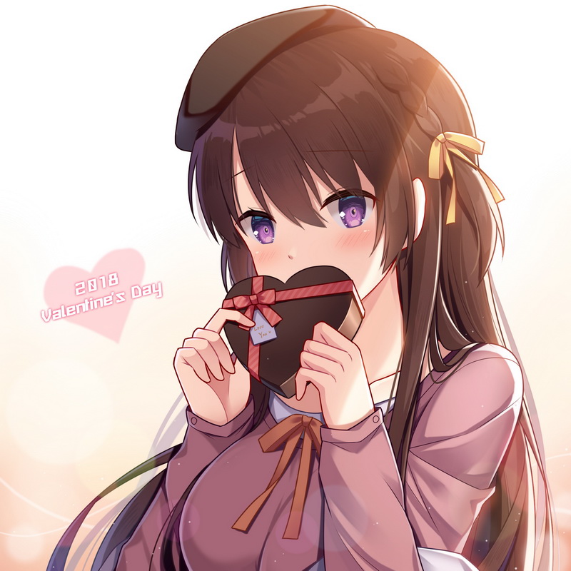 1girl, bangs, beret, black_hat, blush, braid, breasts, chocolate