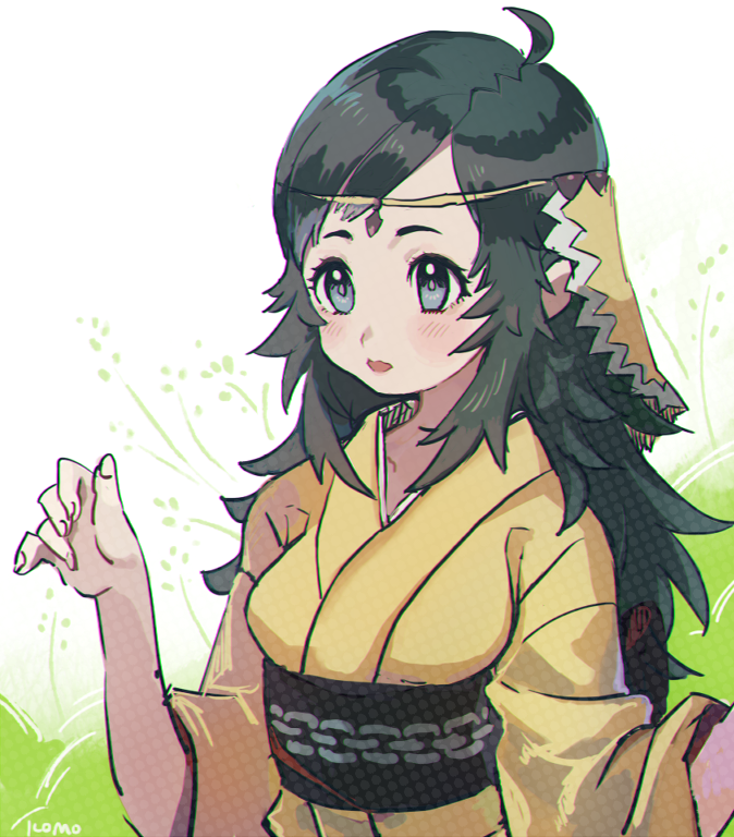 ahoge, black_hair, blue_eyes, fire_emblem, fire_emblem_if, japanese_clothes, kimono, lipstick, long_hair, makeup, mari_mokomo, ophelia_(fire_emblem_if), yellow_kimono