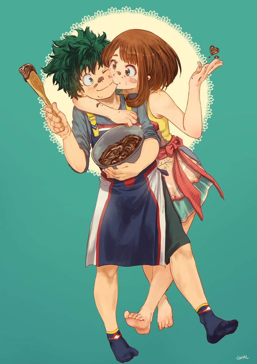 1boy, 1girl, apron, barefoot, blush_stickers, boku_no_hero_academia, chocolate, chocolate_heart
