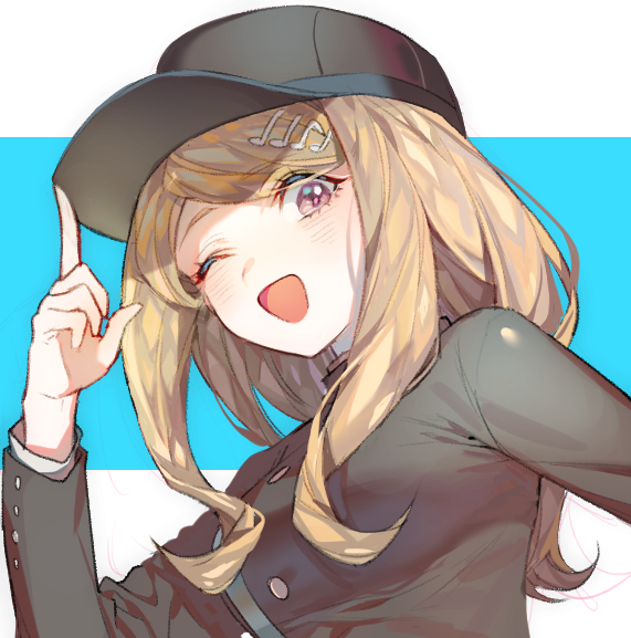 1girl, ;d, akamatsu_kaede, bangs, baseball_cap, black_hat, blonde_hair, blush, breasts, cosplay, dangan_ronpa, gakuran, hat, hat_tip, index_finger_raised, long_hair, long_sleeves, looking_at_viewer, medium_breasts, musical_note_hair_ornament, new_dangan_ronpa_v3, one_eye_closed, open_mouth, saihara_shuuichi, saihara_shuuichi_(cosplay), school_uniform, smile, solo, swept_bangs, two-tone_background, upper_body, violet_eyes, zuizi