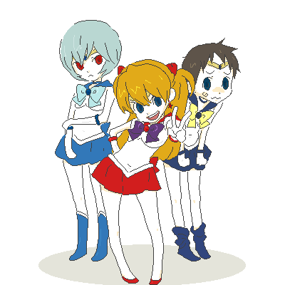 ayanami_rei, bishoujo_senshi_sailor_moon, blue_eyes, blue_hair, cosplay, covering, covering_crotch, crossdressing, crossdressinging, gen, hand_on_hip, hino_rei_(cosplay), ikari_shinji, lowres, magical_girl, mizuno_ami_(cosplay), neon_genesis_evangelion, oekaki, ogata_megumi, parody, red_eyes, red_hair, redhead, sailor_mars, sailor_mars_(cosplay), sailor_mercury, sailor_mercury_(cosplay), sailor_senshi, sailor_senshi_(cosplay), sailor_uranus, sailor_uranus_(cosplay), seiyuu_connection, short_hair, skirt_tug, souryuu_asuka_langley, ten'ou_haruka_(cosplay), v