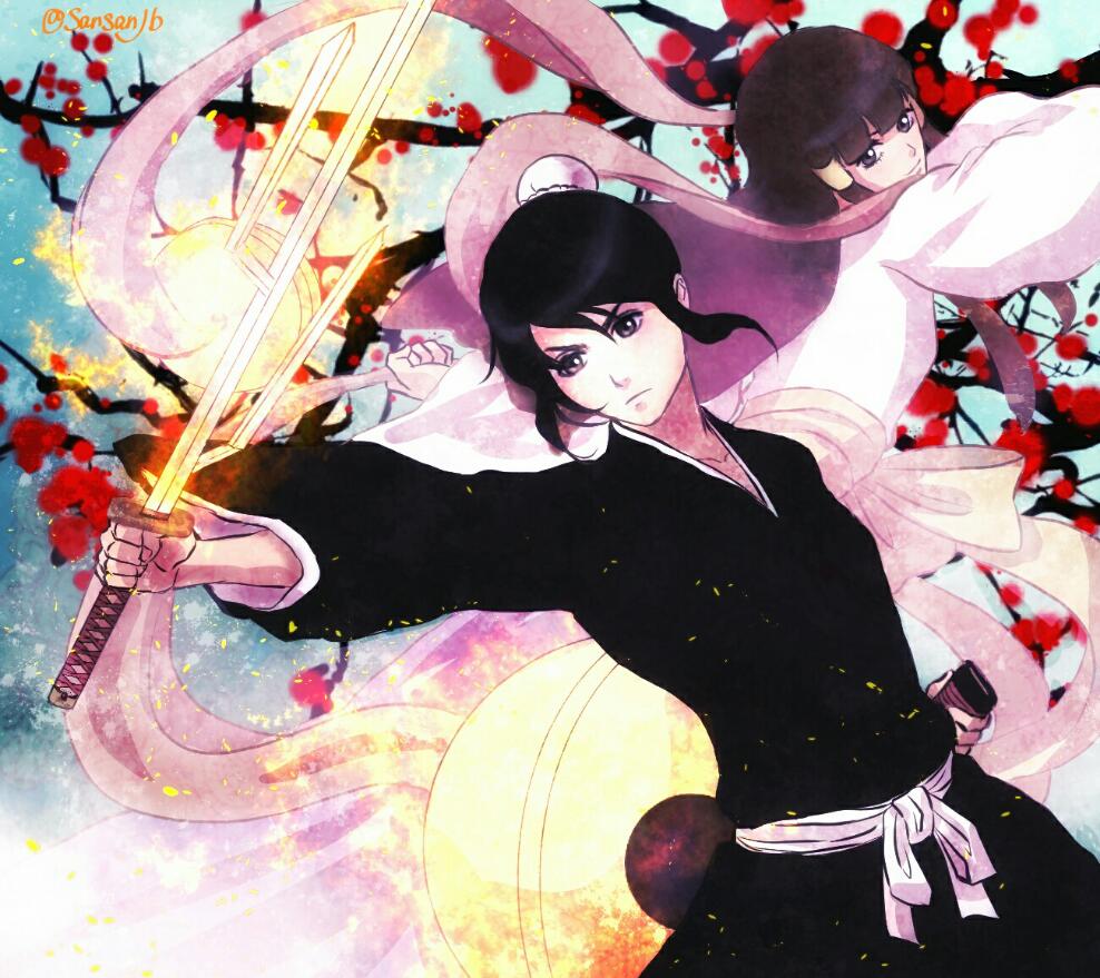 2girls, black_hair, black_kimono, blade, bleach, bleach:_zanpakutou_ibun_hen, bun_cover, closed_mouth