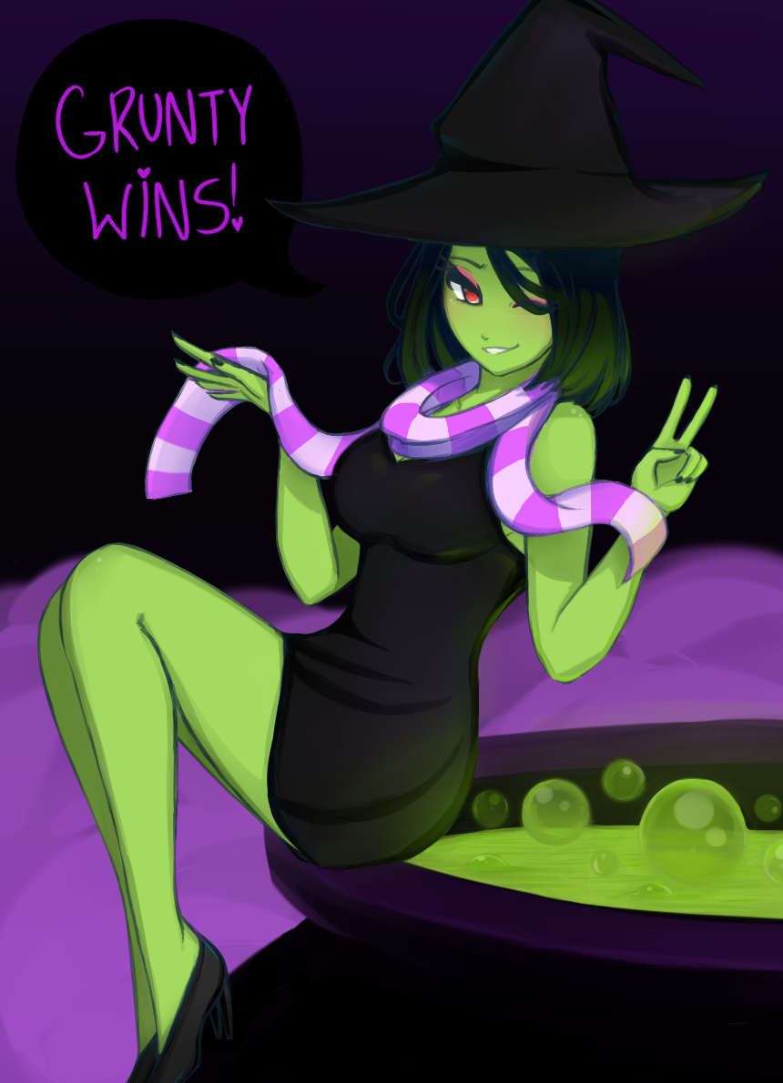 1girl, bad_end, banjo-kazooie, black_dress, black_hair, breasts, bubble, cauldron