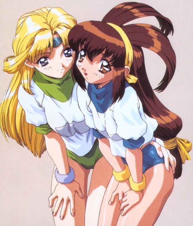 90s, battle_athletes, blonde_hair, blue_eyes, brown_eyes, brown_hair, buruma, gym_uniform, hairband, hand_on_hip, hand_on_thigh, headband, jessie_gurtland, kanzaki_akari, leaning_forward, long_hair, multiple_girls, smile, wristband