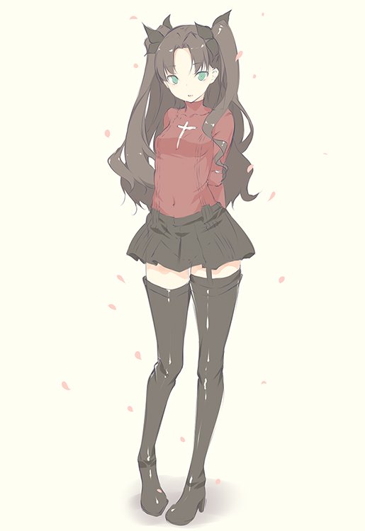 1girl, arms_behind_back, bangs, black_footwear, black_ribbon, black_skirt, boots, breasts