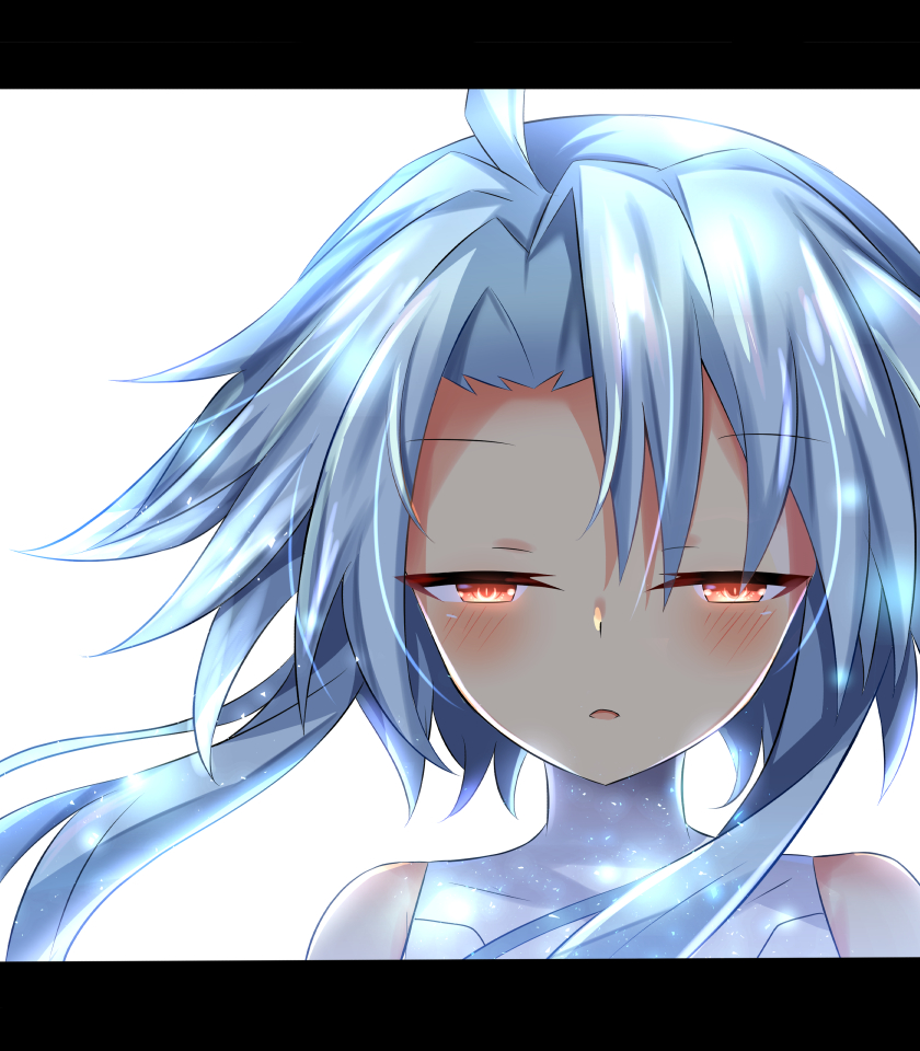 1girl, bare_shoulders, blue_hair, blush, commentary_request, hair_between_eyes, leotard, looking_at_viewer
