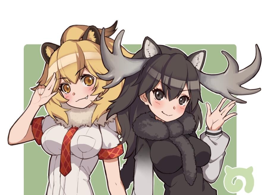 2girls, animal_ears, argyle_neckwear, black_eyes, black_hair, blonde_hair, blush, breast_pocket