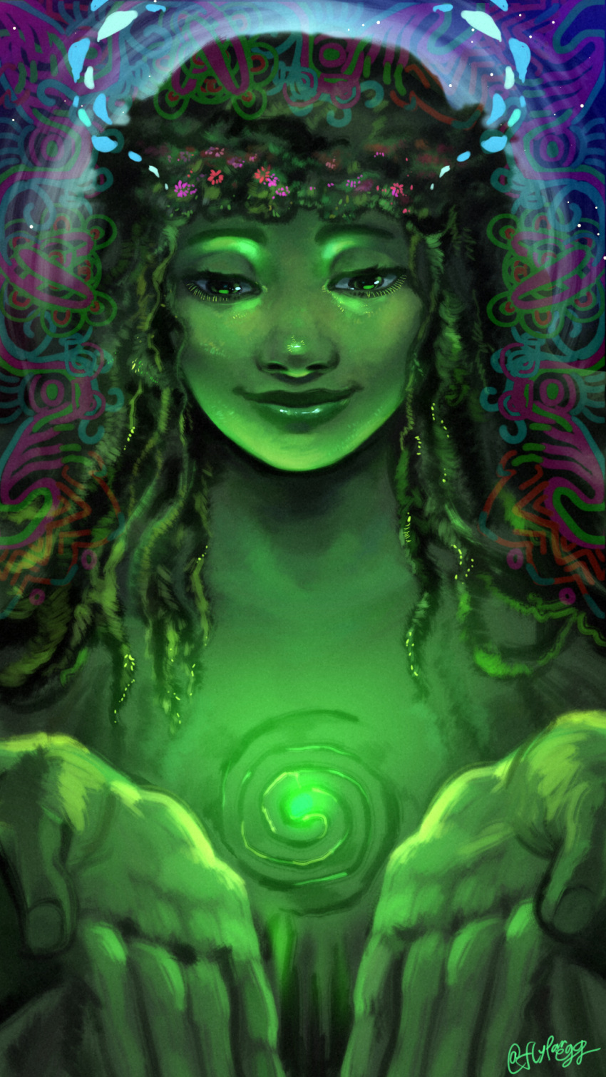 1girl, artist_name, disney, flower, green_eyes, green_skin, hair_flower, hair_ornament, hairlocs, highres, long_hair, moana_(movie), pokki-tabetai, solo, te_fiti, upper_body