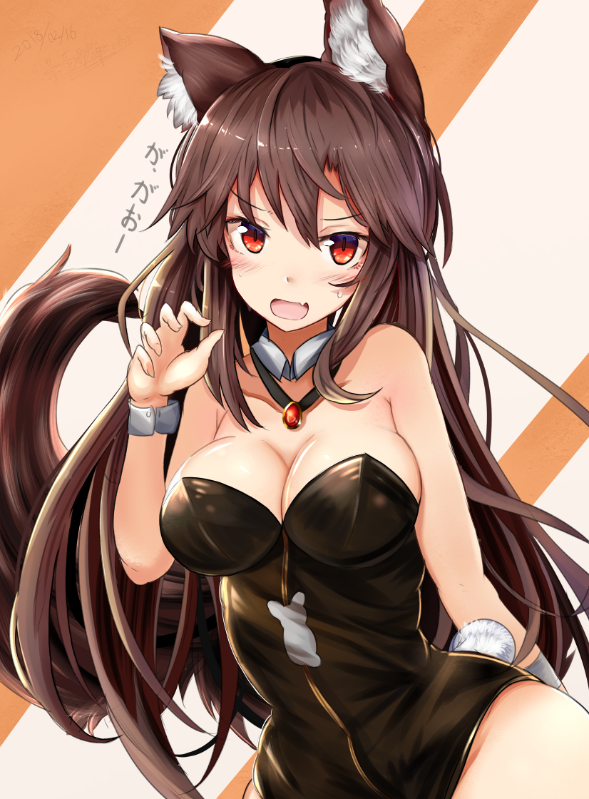1girl, animal_ears, bare_shoulders, black_leotard, blush, breasts, brooch, brown_hair