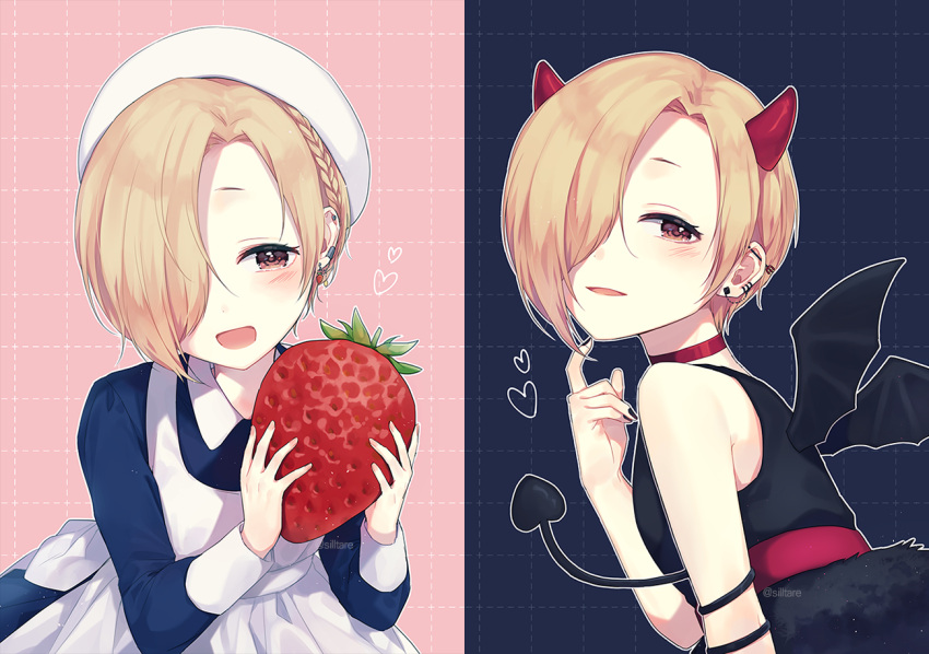 apron, asymmetrical_hair, bare_shoulders, black_dress, blonde_hair, braid, choker, demon_tail, demon_wings, dress, ear_piercing, food, fruit, giant_food, hair_over_one_eye, hat, heart, horns, idolmaster, idolmaster_cinderella_girls, long_sleeves, looking_at_viewer, multiple_views, piercing, red_eyes, shirasaka_koume, short_eyebrows, short_hair, signature, silltare, strawberry, tail, twitter_username, wings
