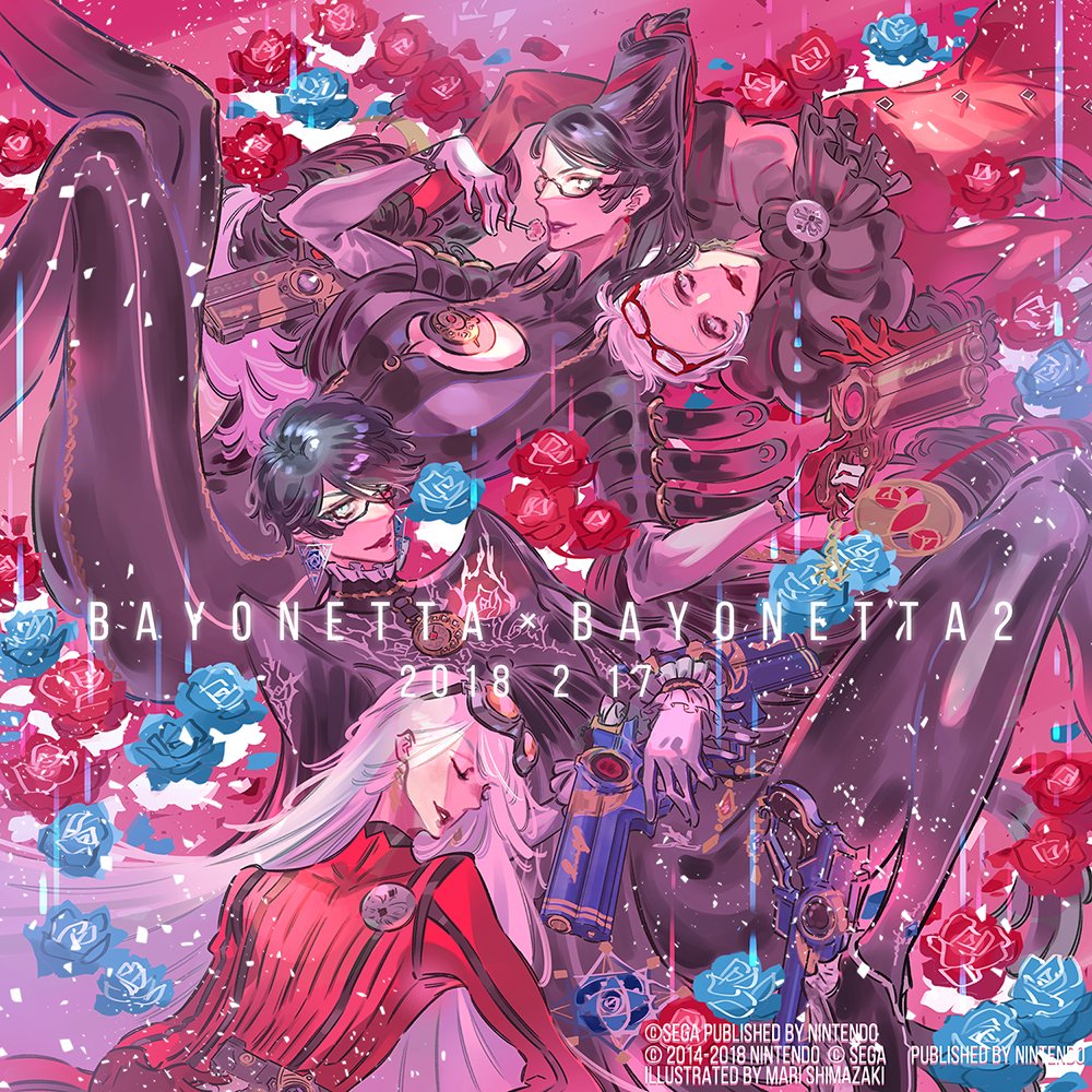 2018, 2girls, bayonetta, bayonetta_(character), bayonetta_2, black_hair, character_name, copyright_name