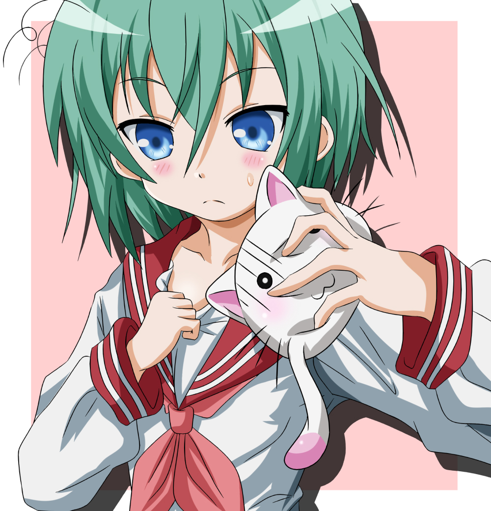 blush, cathead, flat_chest, green_hair, iwasaki_minami, lucky_star, nyamou, school_uniform
