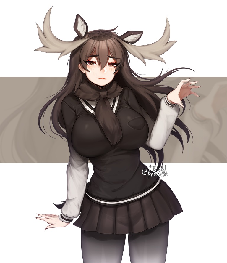 1girl, antlers, black_legwear, breasts, brown_eyes, brown_hair, brown_skirt, commentary