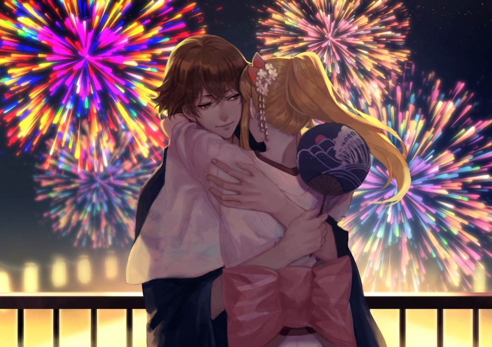2boys, banba_zenji, blonde_hair, brown_eyes, brown_hair, cowboy_shot, fan, fireworks