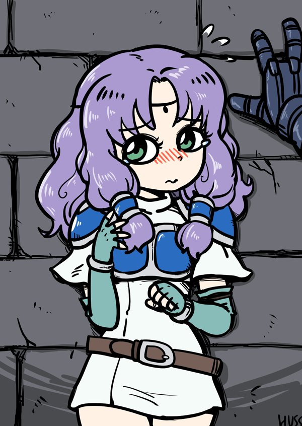 1girl, armor, blush, breastplate, circlet, fingerless_gloves, fire_emblem, fire_emblem:_rekka_no_ken, florina, gloves, green_eyes, huss, long_hair, ponytail, purple_hair, tears